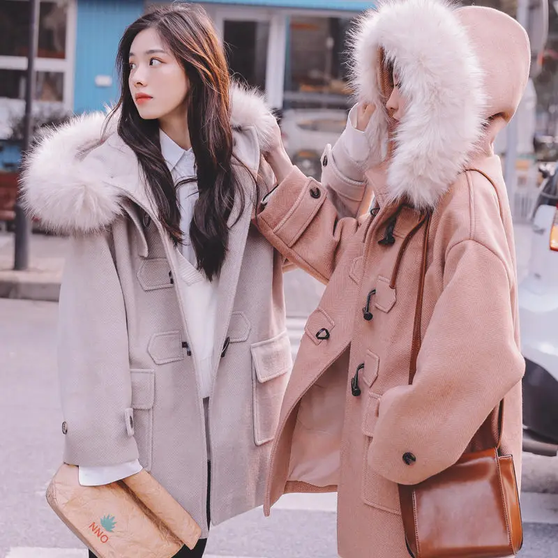 Женское шерстяное пальто с меховым воротником теплое толстое капюшоном и