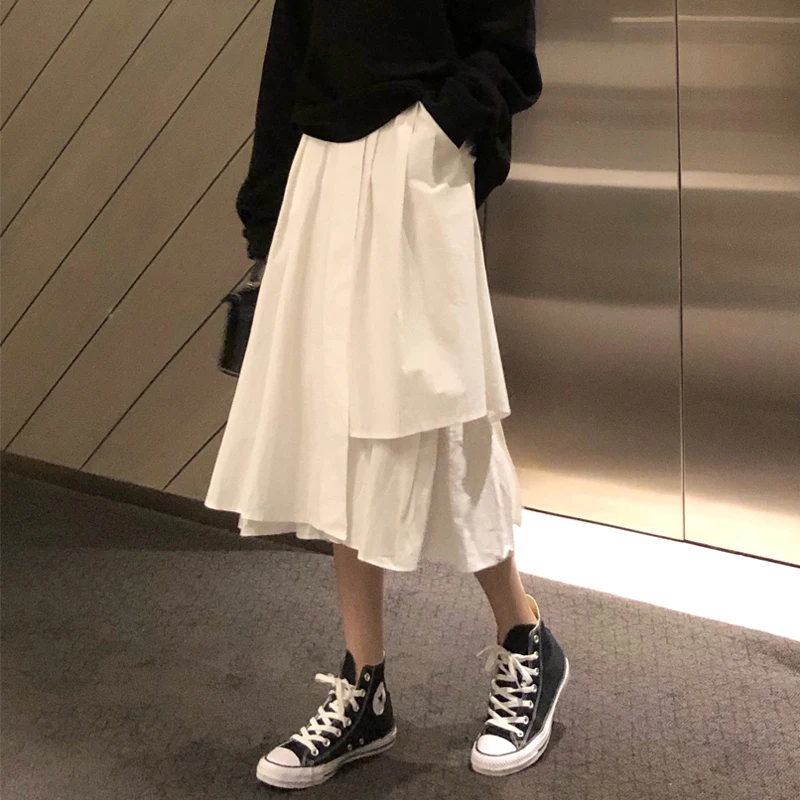 

2022 Summer New Elastic High Waist Slim Simple Solid Color Irregular Skirt Casual Loose Women A-line Long Skirt Free Shipping