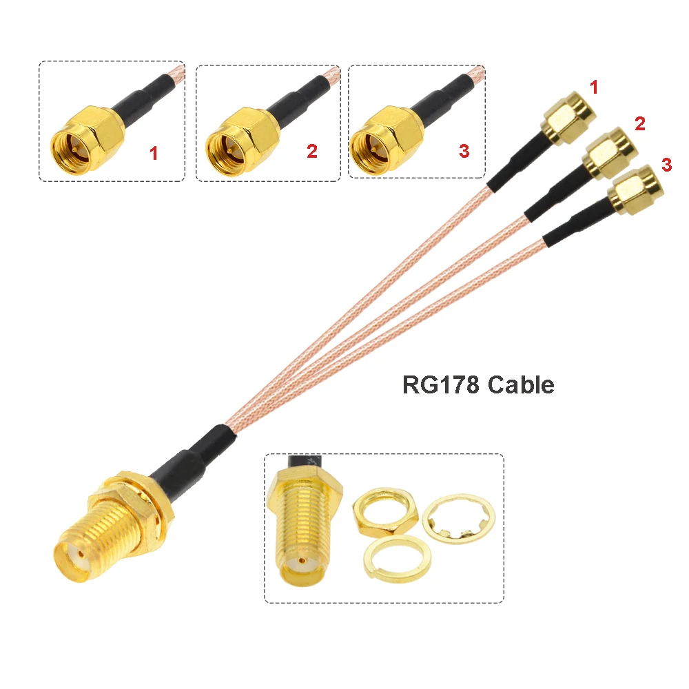 Адаптер разветвителя с одним SMA-гнездом Bulkhead на 3 мужских разъема, RG178 Pigtail Jumper WIFI Antenna Extension Cable 15CM 6" on.