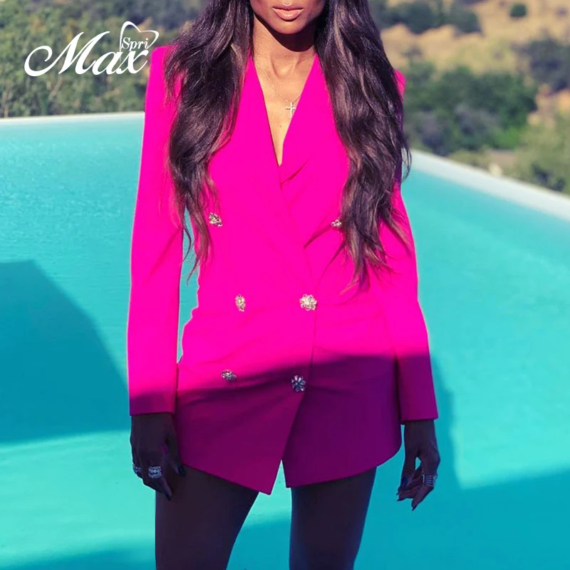 

Max Spri Women Notched Neck Double Breasted Jacket OL Style Long Sleeve Blazer 2019 New Fashion Rose Red Outing Coat