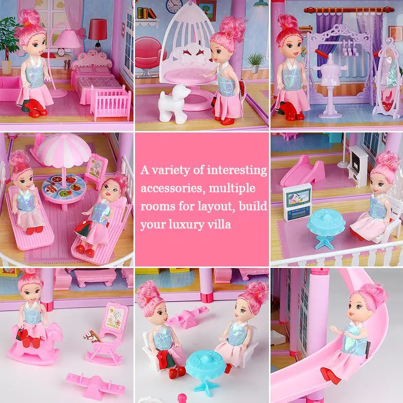 large size assembled diy cottage lighting villa model montessori 3d puzzle doll house set family castle villa children toys gift free global shipping