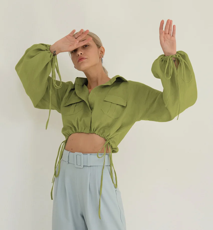 

Cotton Linen Turn-Down Collar Pullover Solid Crop Top Women Lace Up Puff Sleeve Fashion Blouses And Shirts Autumn Lady New