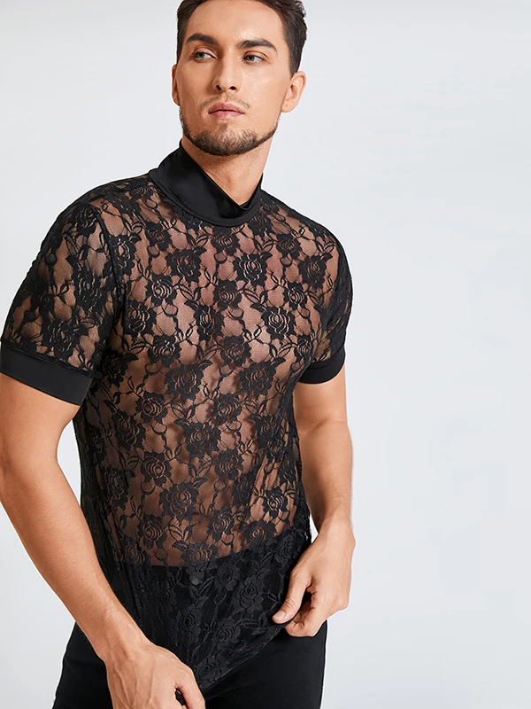 Men T Shirt Streetwear Turtleneck Mesh Lace See Through Short Sleeve Casual Tee Tops 2022 Sexy Party Nightclub Camisetas INCERUN