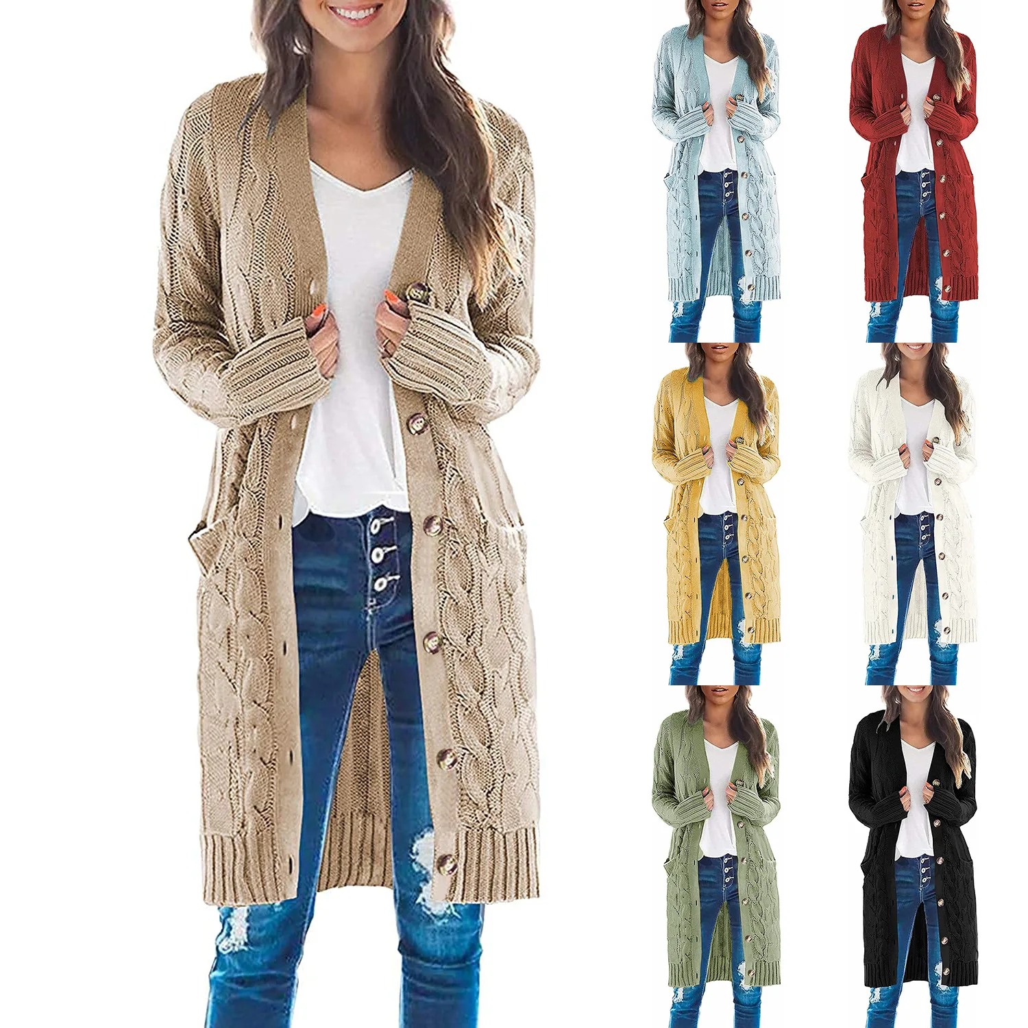 2021 new women's sweater long button cardigan twisted rope twist sweater women's sweater