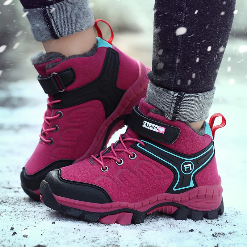 

High Top Kids Shoes Warm Plus Fur Winter Boots Non-slip Claw Boys Basket Sneakers Teenager Sport Hiking Shoes For Girls Footwear