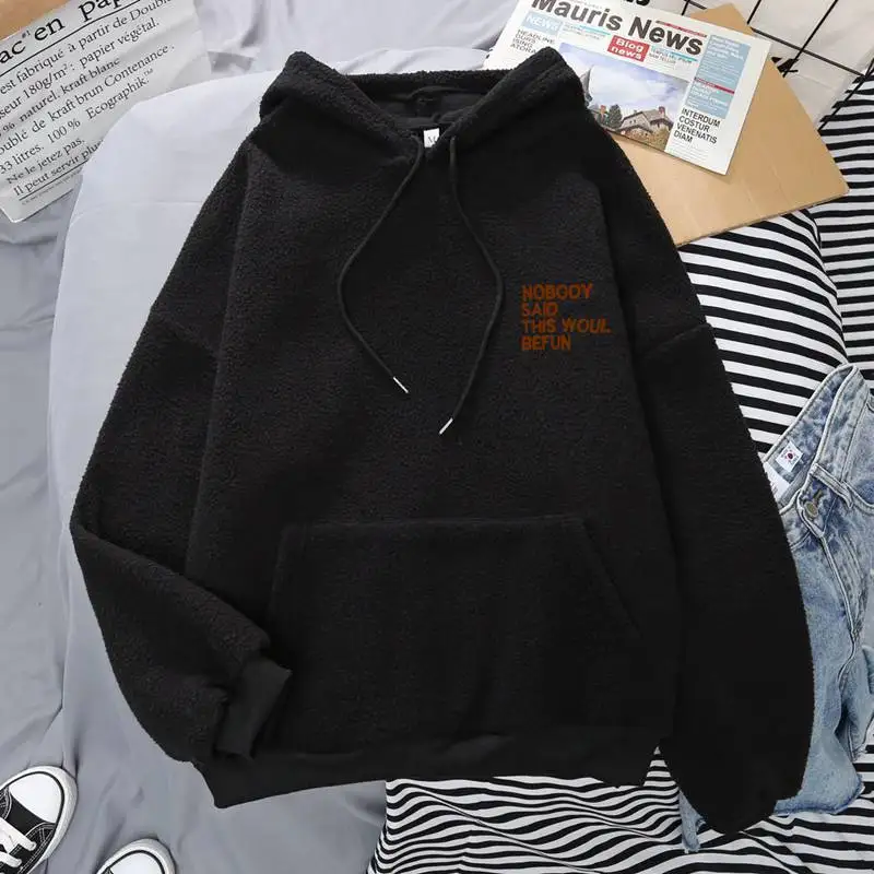

Winter Women Thick Hoodies Sweet Solid Letter Print Hooded Fleece Sweatshirt Casual Pocket Plush Warm Female Oversized Hoodie
