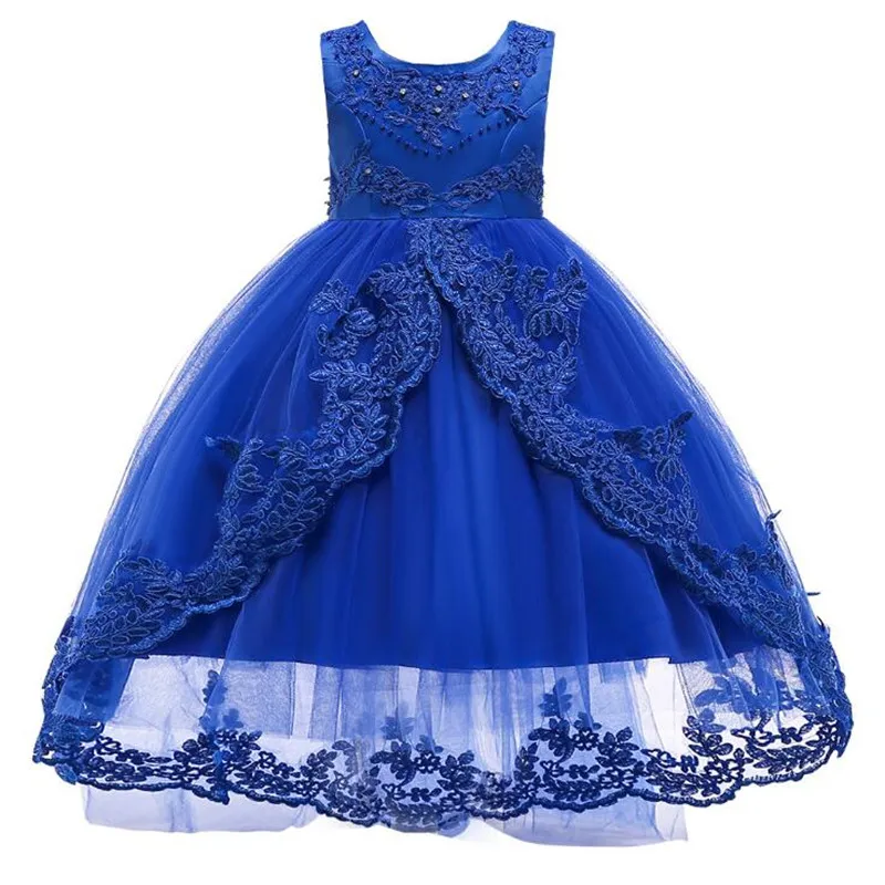 royal blue Кружевное газовое платье принцессы с бусинами и цветами для свадебной вечеринки; бальное платье на день рождения; элегантные Детские платья для девочек - Цвет: royal blue
