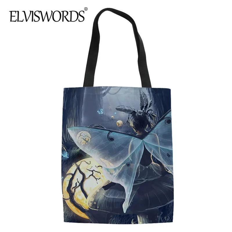 

ELVISWORDS Women's Casual Shopping Tote Butterfly Fairy Art Painting 2020 Fashion New Durable Linen Handbag Female Shoulder Bag