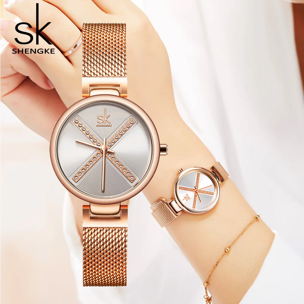 Модные женские часы Роскошные SHENGKE бренд креативный циферблат дизайн со стразами