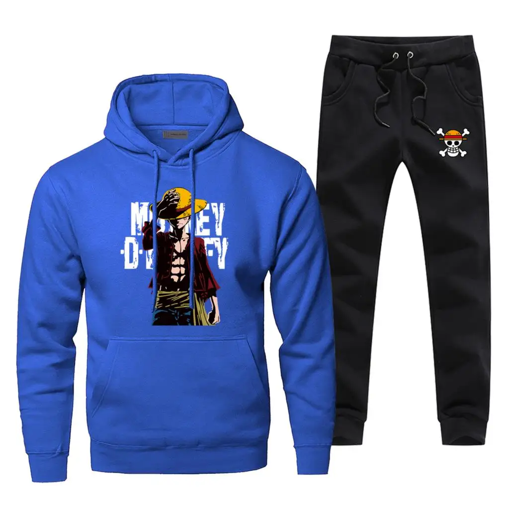 Blue Япония Аниме одна деталь Обезьяна D Луффи толстовки с капюшоном Harajuku Мужской комплект повседневное для мужчин трусцой зимний бодиутеплитель мужской свитер - Цвет: Blue