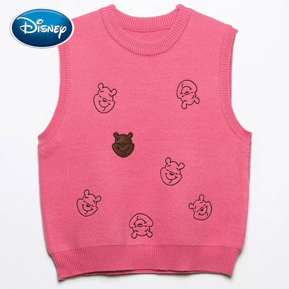 

Disney Sweater Fashion Winnie the Pooh Bear Cartoon Print Embroidery Streetwear Women Sleeveless O-Neck Pullover Tops 3 Colors