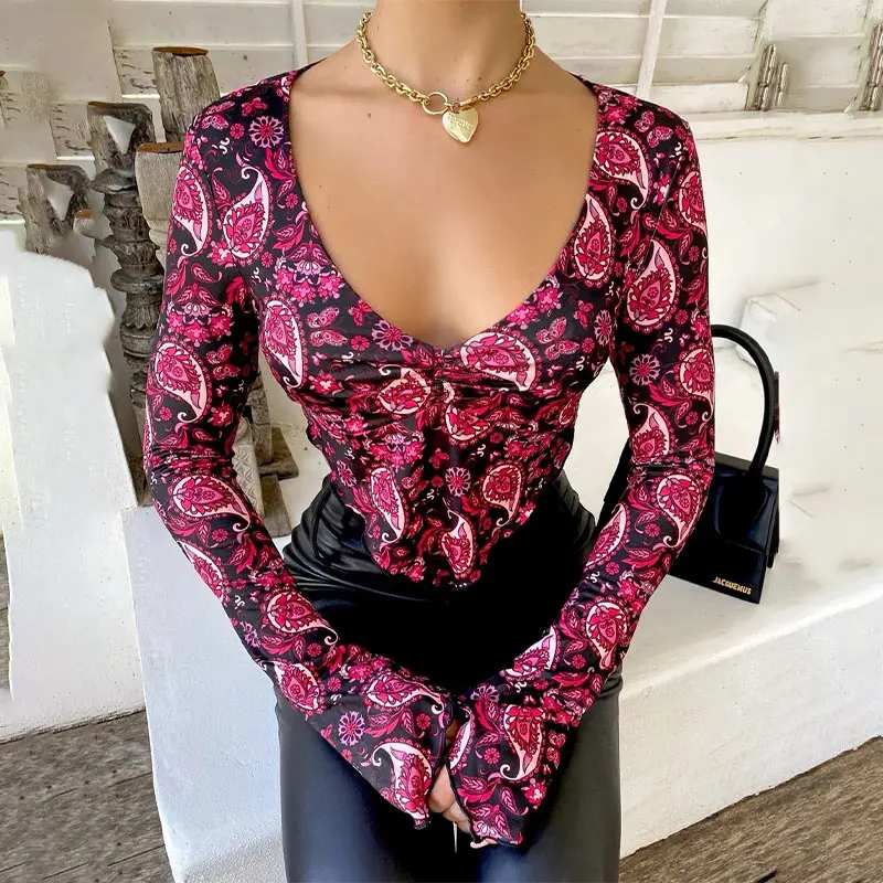 

All-Match Retro Print Sexy Streetwear Ladies Shining Crop Top Skinny Polyester Long Sleeve Tops Women Slim Vintage Pullover