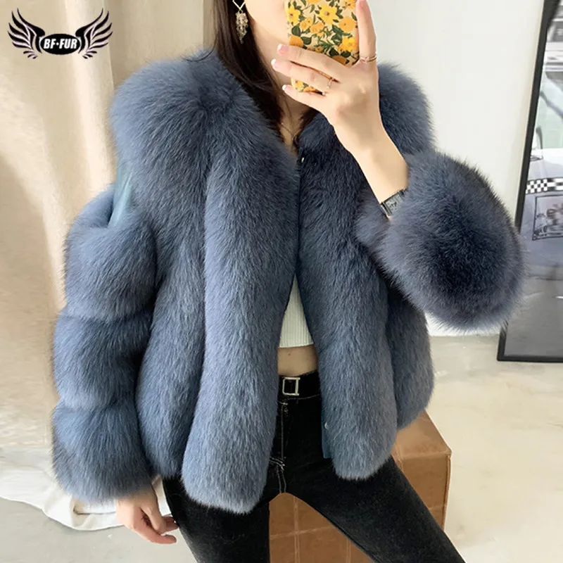 BFFUR Real Fox Fur Coat For Women Genuine Sheepskin Natural Whole Skin Fox Fur Jackets Woman Winter Overcoats Luxury Fur Coats
