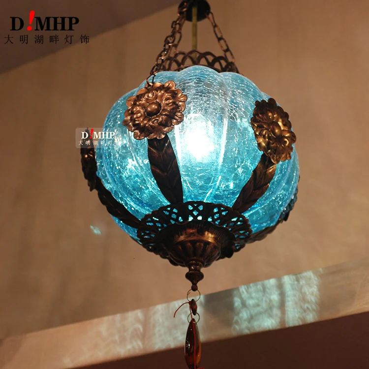 

Colorful Pendant Lamp with Handmade Glass Lampshade Southeast Antique Turkish Hanging Lamp E14 Bulb for Bar Asile Living Room