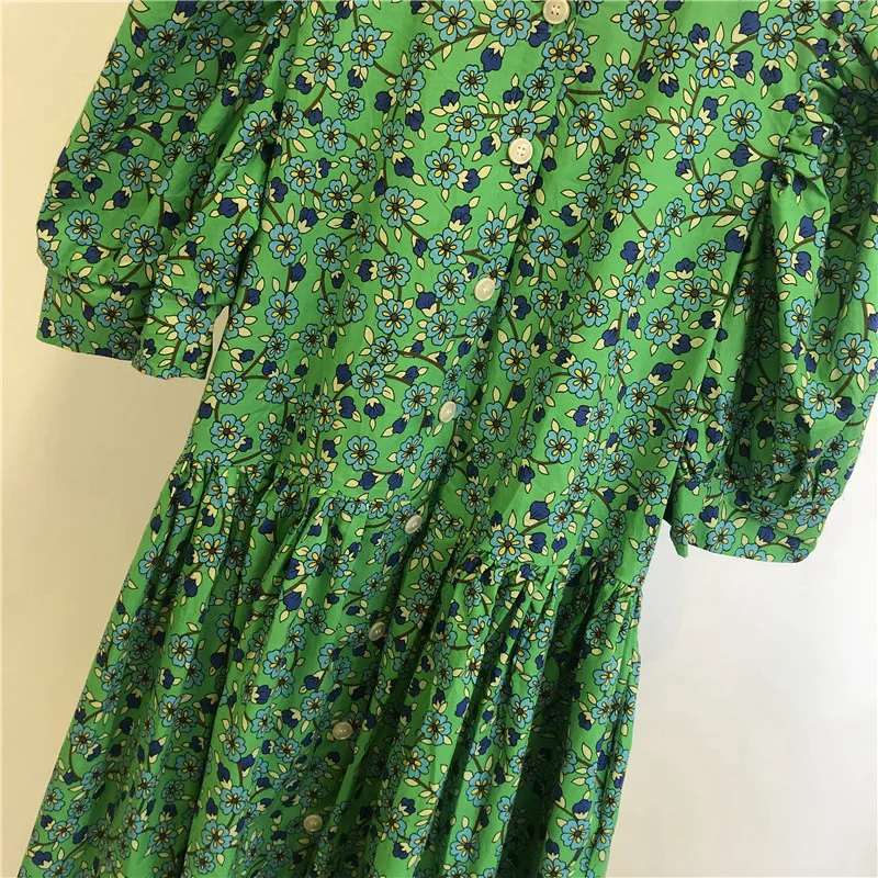 

Summer Korean Women Dress Fruit Green Floral Thin Lantern Dresses Sleeve Dress girl Vacation Mujer Vestido