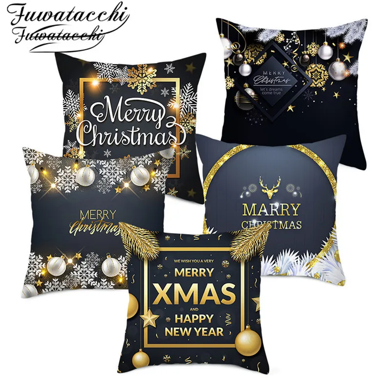 

Fuwatacchi Merry Christmas Letters Cushion Cover Black Snowflake Decorative Pillows Cover for Home Sofa Throw Pillowcase 45*45cm