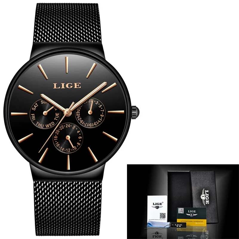 ALL BLACK LIGE новое платье женские часы модные повседневные розовое золото кварцевые женские часы бизнес сетка сталь водонепроницаемые часы Relogio Feminino - Цвет: ALL BLACK
