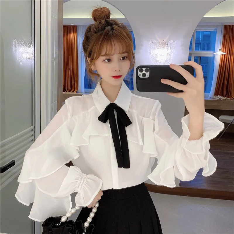 

Cotday Blouse Women Solid Bow Flare Sleeve Office Lady Turn-Down Collar Korean Style Female 2021 Fashion Clothes Shirt Top