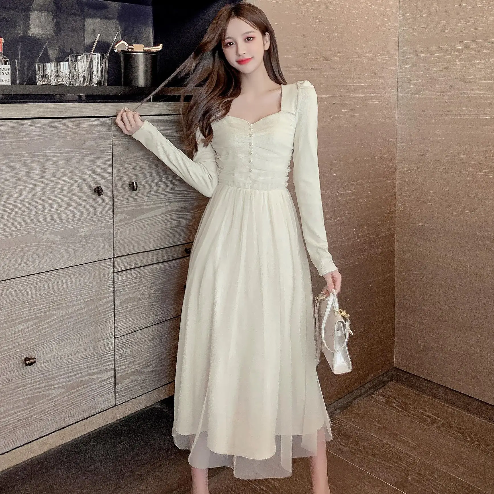 

COIGARSAM French Style Patchwork Women one-piece dress korean New Keep Warm Mesh Dresses Pink Purple Apricot 657