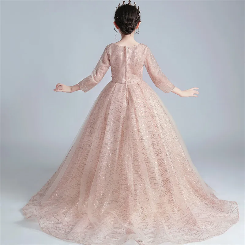 

2020Children Girls Luxury Exquisite Design Beading Round Neck Piano Guzheng Costumes Princess Long Tail Dress Kids Evening Dress