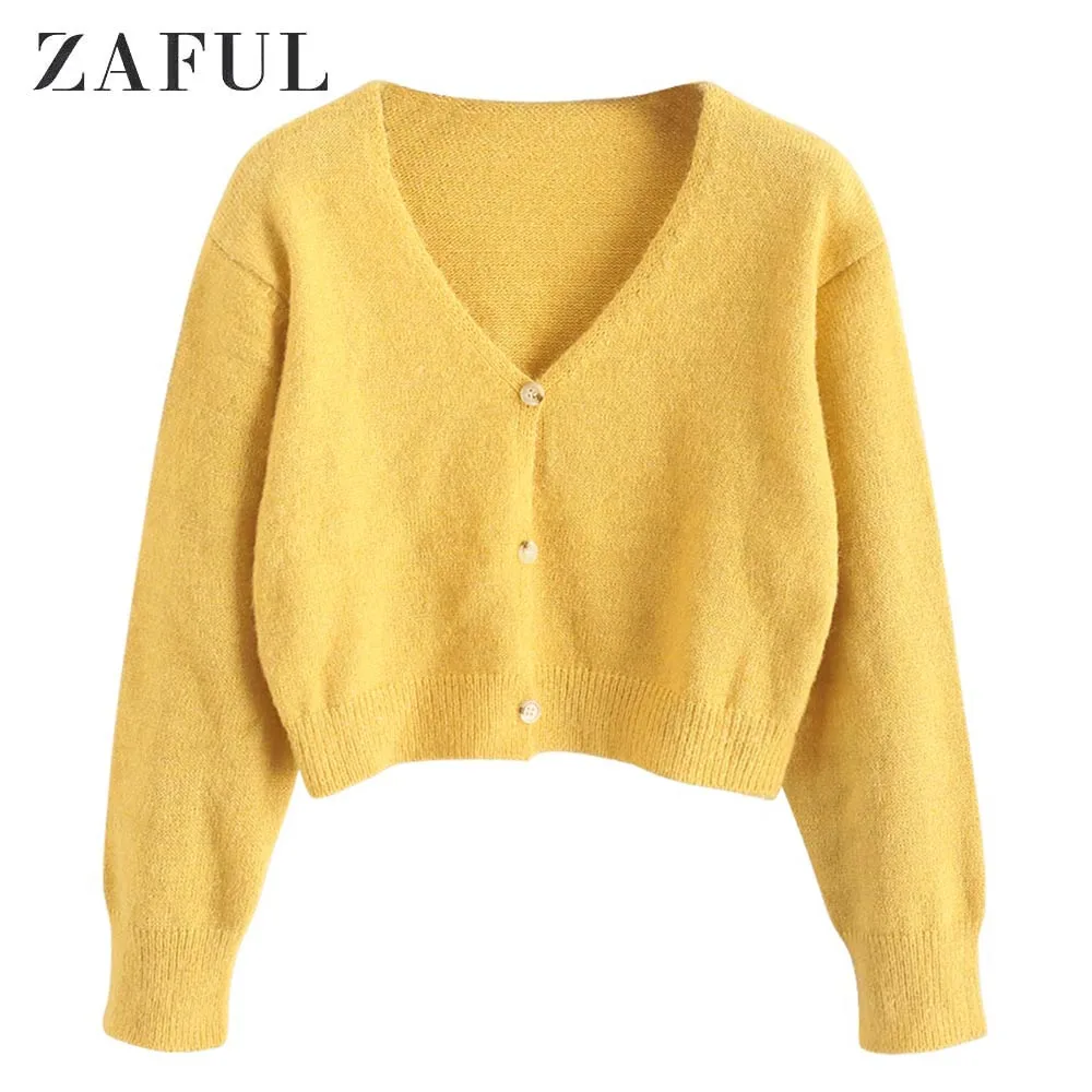 ZAFUL Blur Button Up V-Neck Split Cropped Cardigan Short Length Long Sleeve Solid Color Women Elastic Autumn One Size |