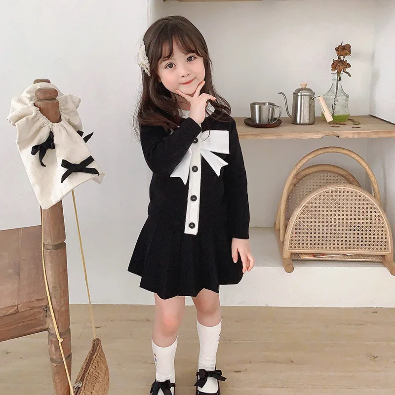 

Children's Sweater Knitted Suit Skirt Spring Autumn Winter 2020 Girls' Bow Top + Knitted Pleated Skirt Two Piece Girls' Suit