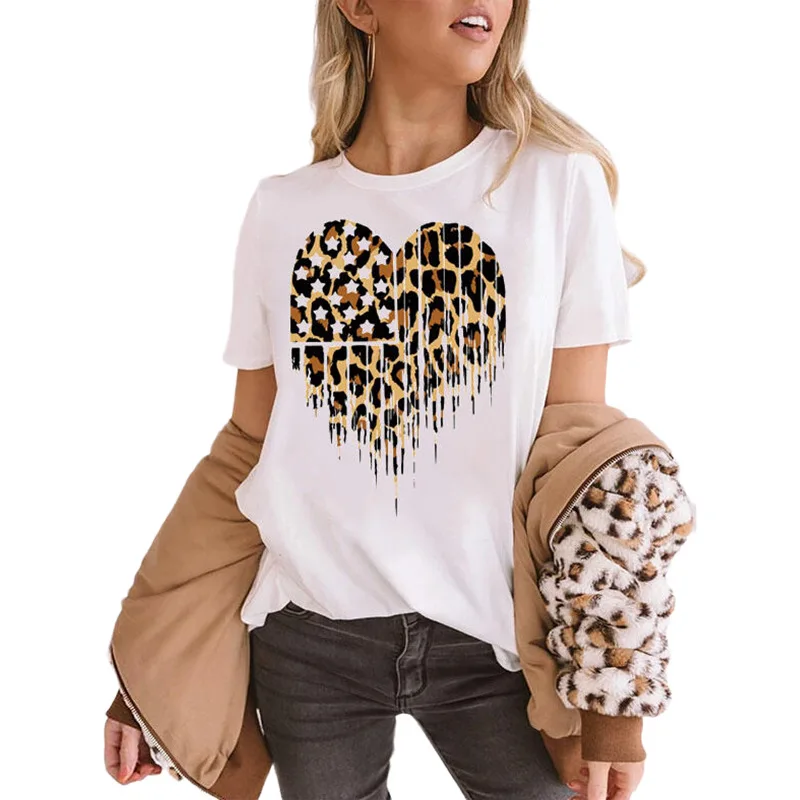 

2020 top five pointed star leopard love print round neck short sleeve T-shirt