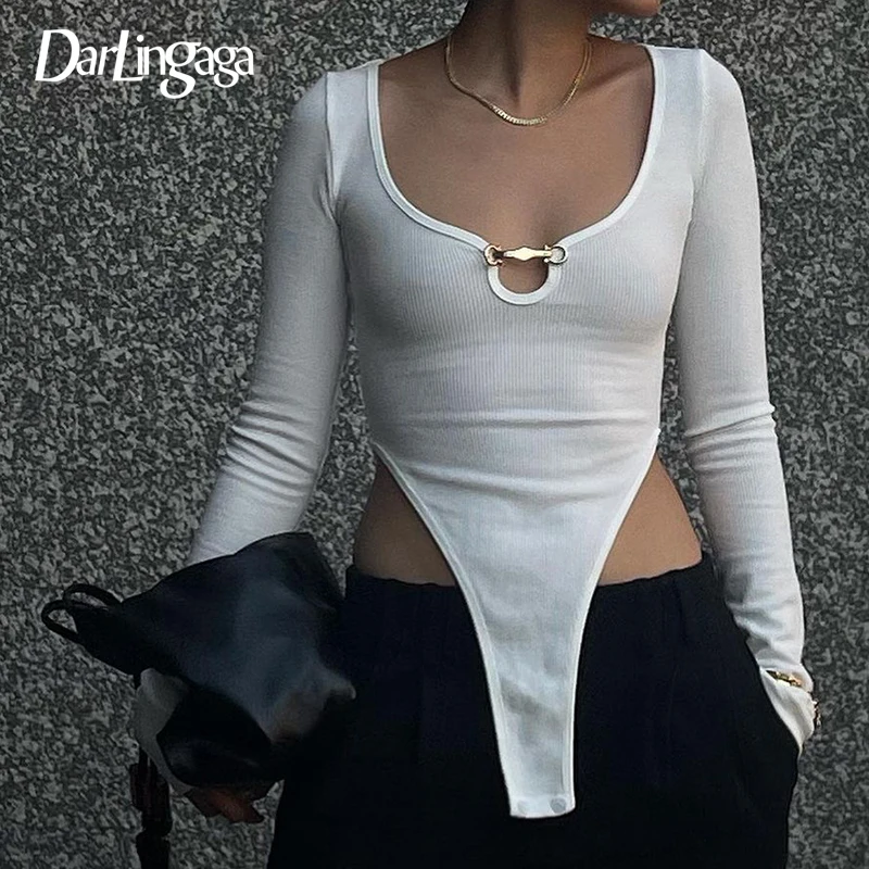 

Darlingaga Fashion V Neck White Knitted Skinny Club Party Bodysuits Tops Long Sleeve Sheer Basic Female Body One Piece Jumpsuit