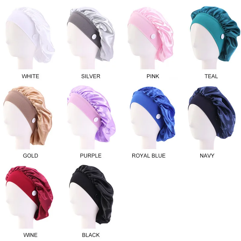 

Satin Bonnet Hair Caps Wide Elastic Band Night Sleep Cap with Button Wear Ear Protection Headwear Hat Women Hair Accessories