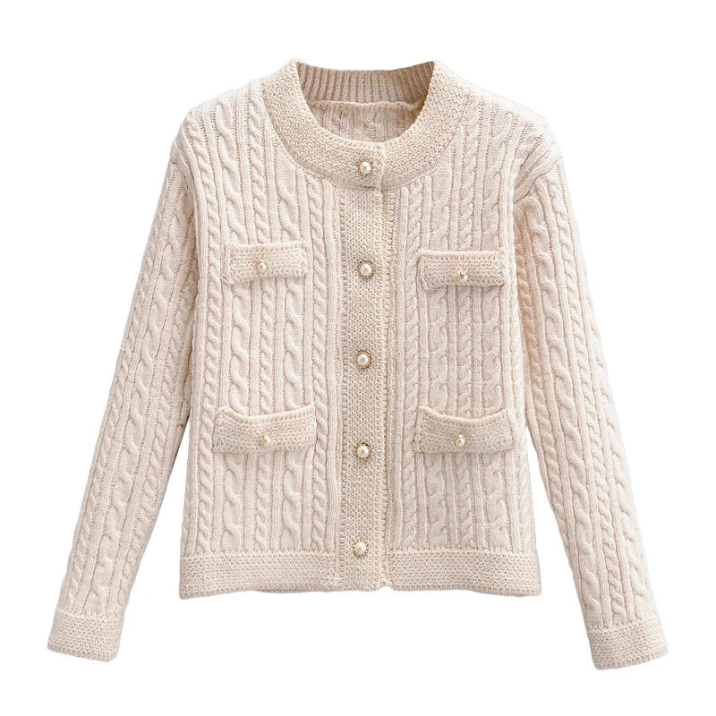 

Женский трикотажный кардиган, однобортный тонкий кардиган на пуговицах с жемчужинами и длинным рукавом, пальто с карманами