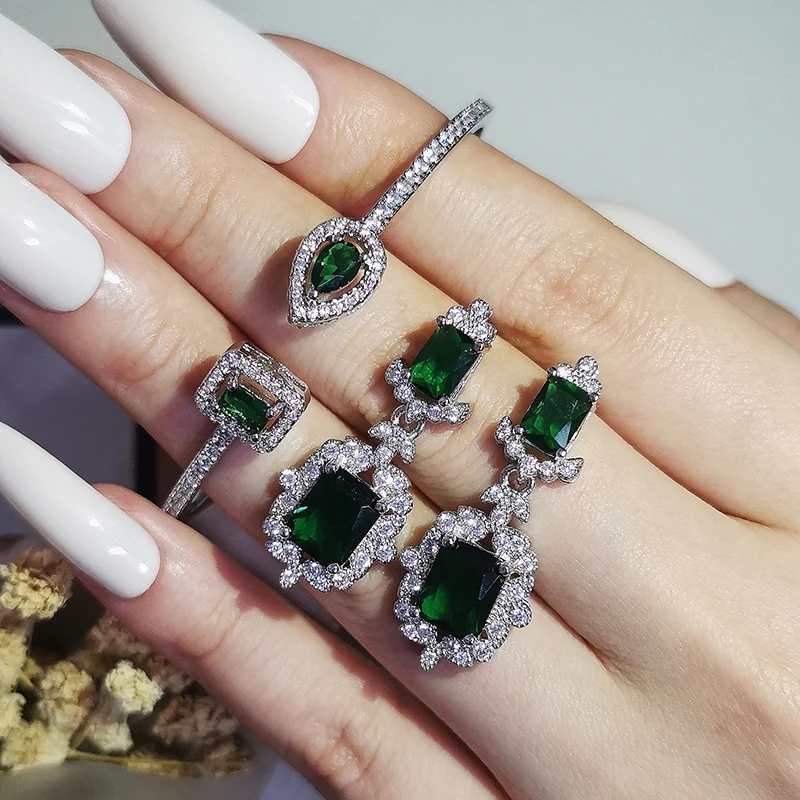 

2022 New Vintage Retro Green silver color bride African Dubai Jewelry Set Earings Rings for Wome Wedding Christmas Gift J6938
