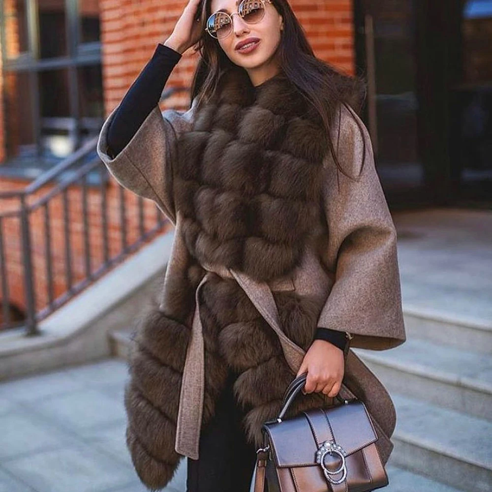 Natural Women Long Wool Blends Coat with Fox Fur Collar Winter Fahsion Genuine Fox Fur Cashmere Coat with Belts Outwear Female enlarge
