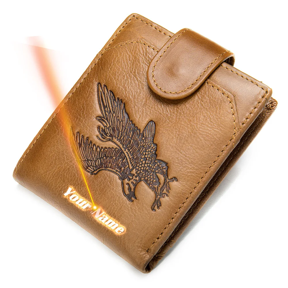 

Free Engraving Eagle Printed Real Genuine Leather Men Wallets Men's Hasp Small Short Slim Wallet Purse High Quality 2021 Male
