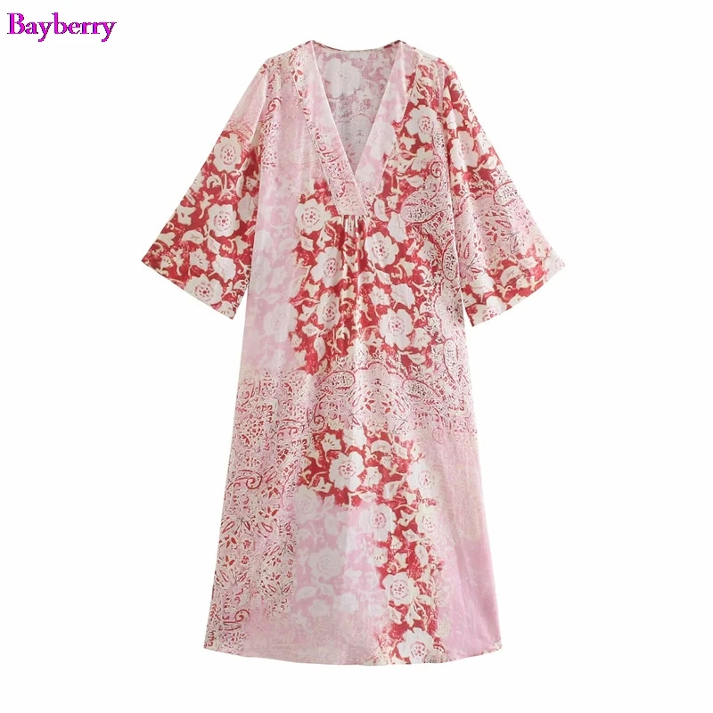 Женское платье-туника с цветочным принтом V-образным вырезом и разрезом | Женская