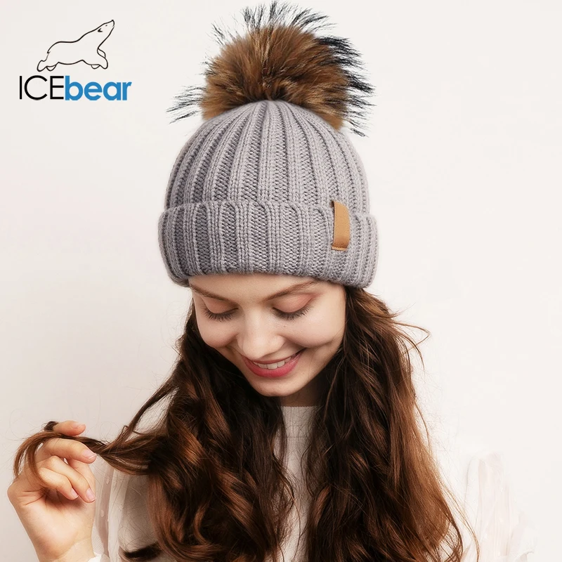 ICEbear женская шапка зимняя вязаная с помпоном натуральный мех рокуна теплая F-2019W010