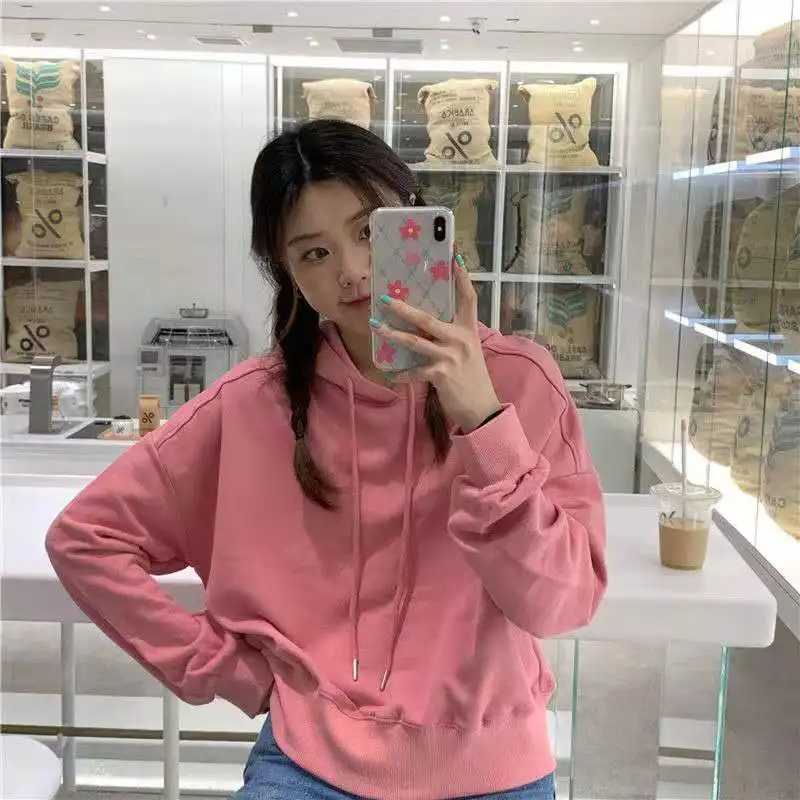 

Женская Короткая Толстовка с капюшоном, сезон весна-осень 2021, корейский свитер, Женский Свободный Повседневный пуловер, пальто, свитшоты с к...