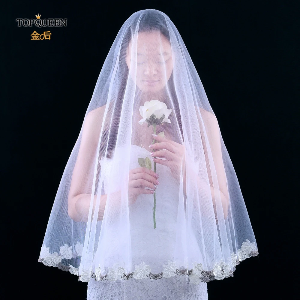 

TOPQUEEN V55 Best Selling Real Photos Wedding Veil with Appliqued Flower-Leaf Edge White Ivory Birde Tulle Accessories for Bride
