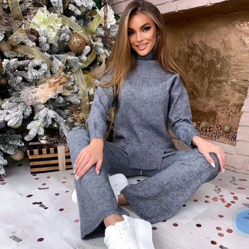 

Free Shipping 2020 Autumn And Winter Casual Loose Knit Set Women'S Thick Turtleneck Sweater And Wide Leg Pants 2 Two-Piece Set