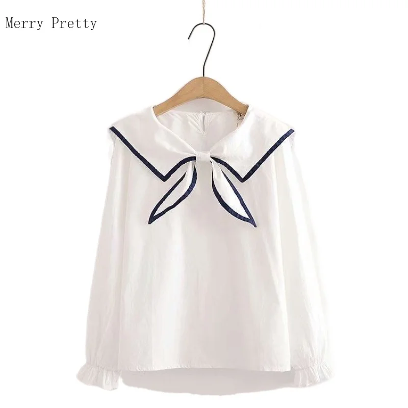 

Solid White Casual Cotton Blouses And Tops Women 2021 Summer Long Sleeve Sailor Collar Shirts Ladies Striped Patchwork Blusas