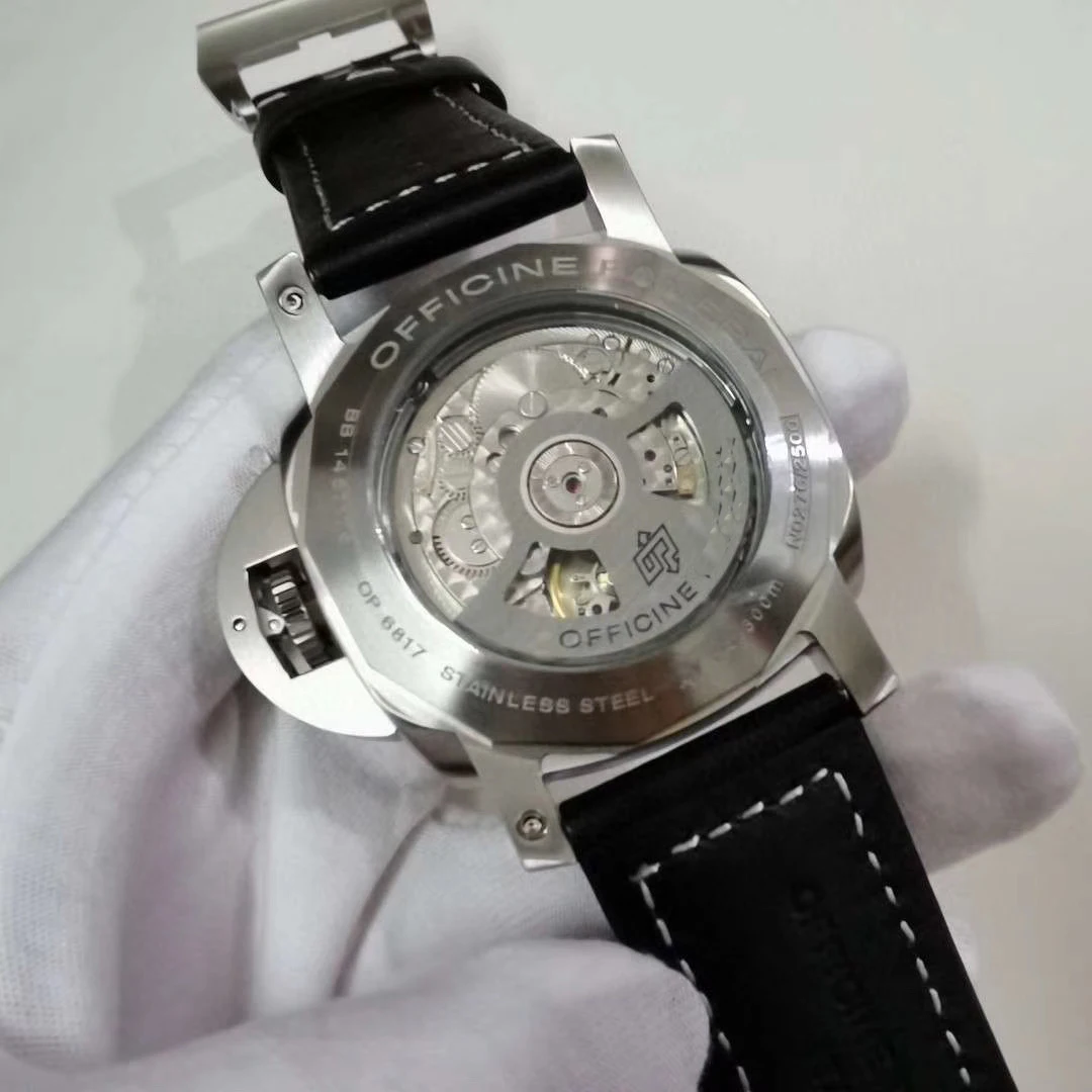 

Classic New Men Automatic Mechanical Sapphire Black Leather 3 Days Stainless Steel GMT 1950 Watch Luminous 44mm Glass Back