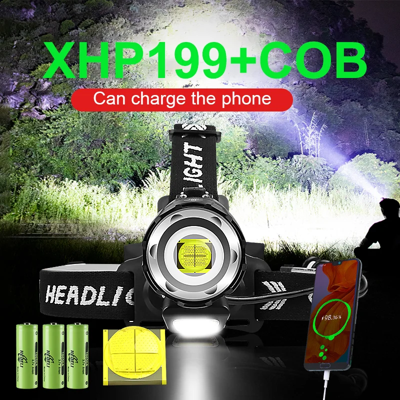 

Powerful Rechargeable XHP199 COB LED Headlamp Flashlight Torch XHP160 High Power LED Headlight 18650 Bright Waterproof Head Lamp