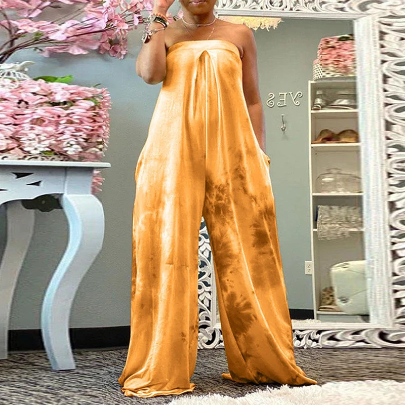 

2021 Summer Sexy Off Shoulder Tube Top Rompers Women Fashion Tie-Dye Wide Leg Jumpsuits Female Elegant Sleeveless Bodysuit 3XL