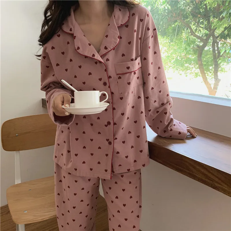 Heart-Printed Pajamas for Women Cute Home Suits Long-Sleeve Cotton Sleepwear Set Spring Pyjama with Pocket Turn-Down Collar 2pcs