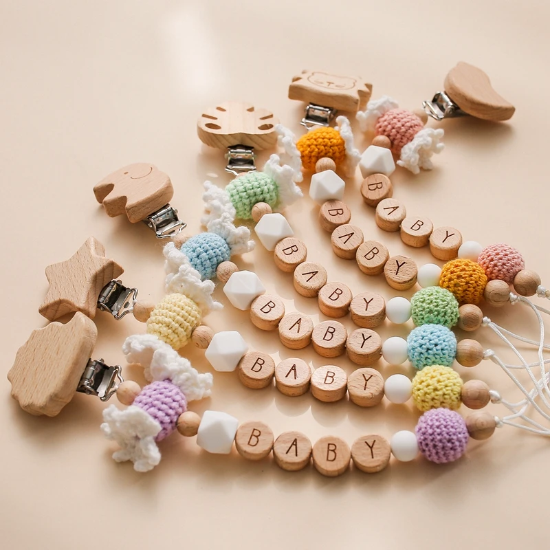 1pc Baby Pacifier Chain Personalize Name Pacifier Clip Wooden Dummy Chain Holder Crochet Candy Pacifier  Baby Teething Toys