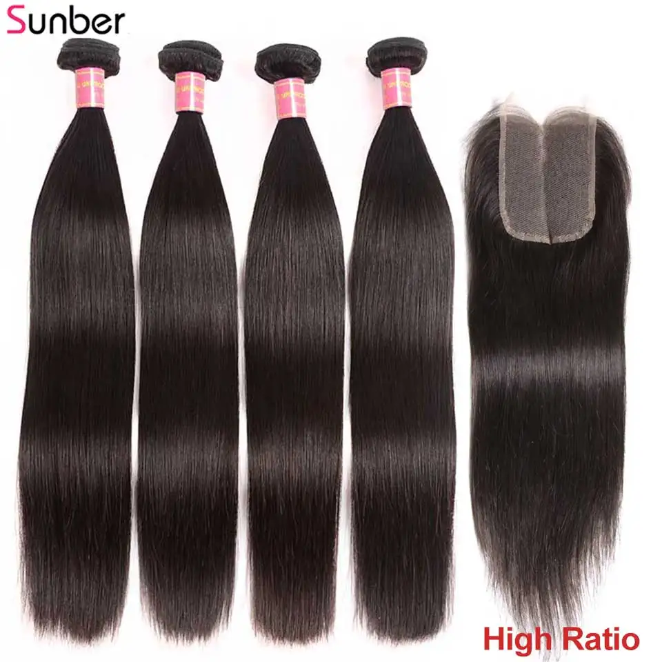 Sunber перуанские прямые волосы 4 пряди с закрытием высокое соотношение Remy натуральные кудрявые пучки волос с 4X4 дюйма