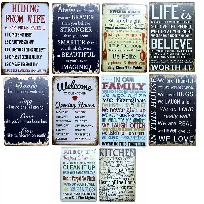 

Кухня Семья правила Ретро металлическая картина на стену бар Главная Wall Art Украшение дома обои плакат