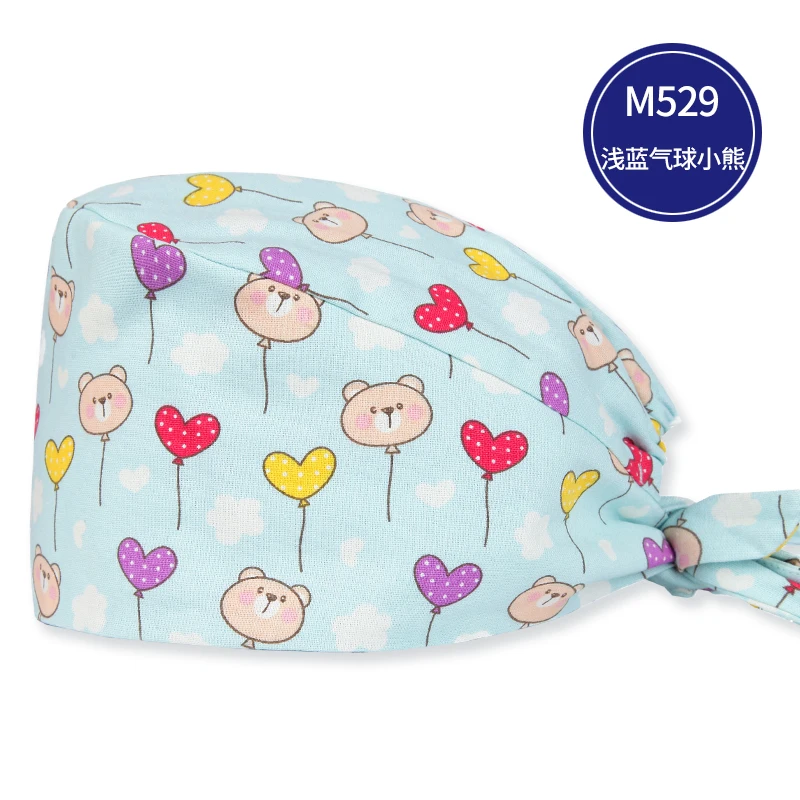 

Bear Hearts Blue Veterinarian Scrub Caps Pattern Dental Nursing Print Work Hats Women 100% Cotton Beautician Chef Skull Cap
