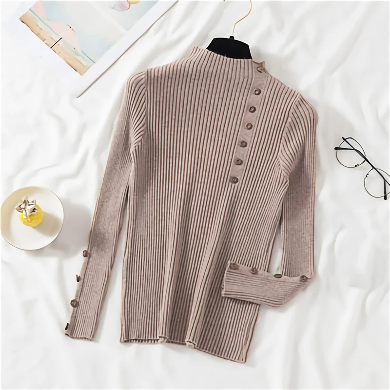 Зимний свитер на пуговицах с высоким воротником Женский однотонный вязаный