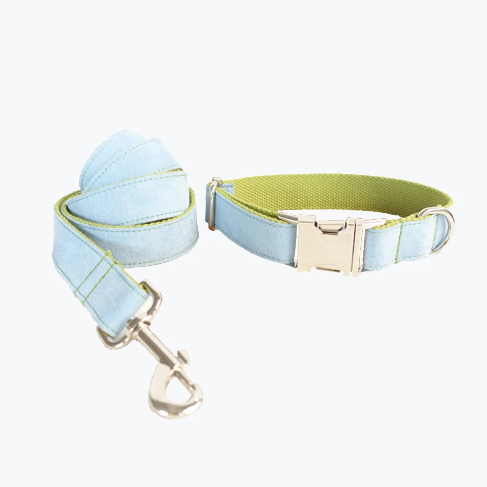 

Customized Dog Collar Engraved Puppy ID Tag Leash Collar Set Adjustable Outdoor Solid Canvas Pet Collar Leash BLUE COVER GREEN