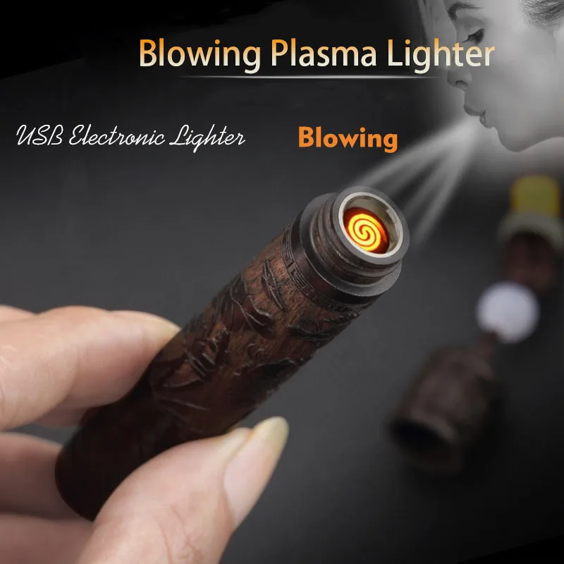 Электронная зажигалка для сигарет с резьбой по дереву зарядка от USB плазменной